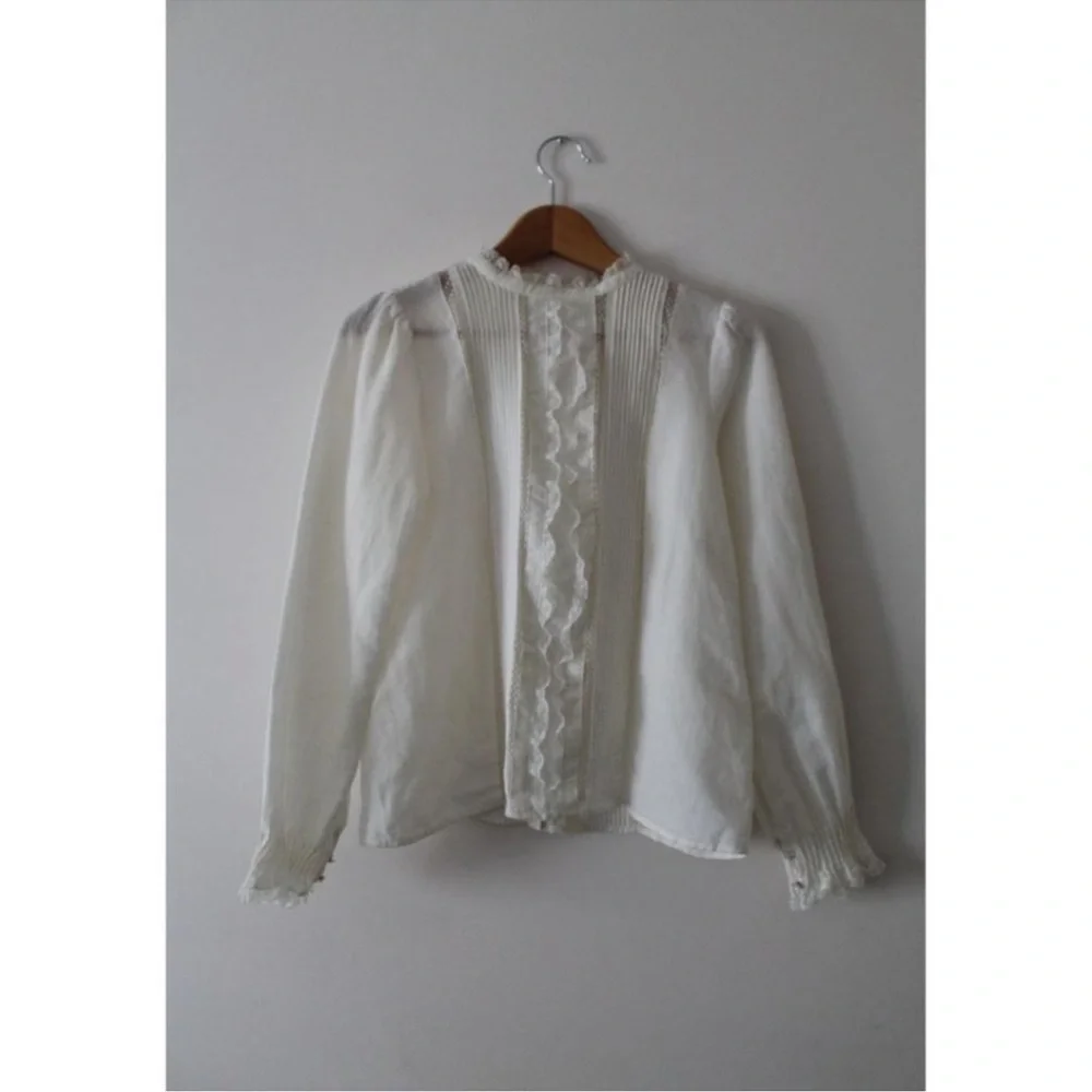 Sezane Antonia Linen Blouse White Size 36 Lace Trim - Picture 3 of 10